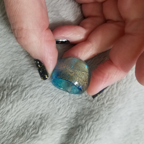 Aqua Blue Glass Ring with Gold Flecks, Size 7 - Picture 5 of 8